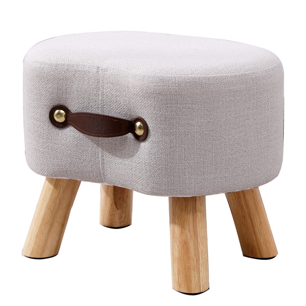 Linen Footstool with Wood Legs Padded Seat Round, Beige — 40D x 30W x 30H cm