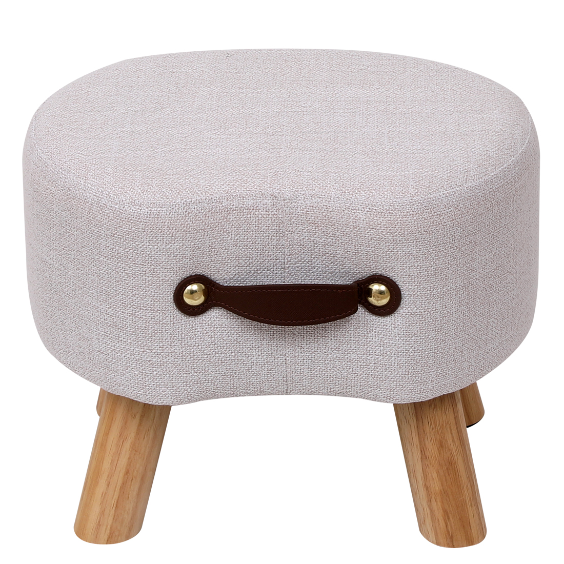 Linen Footstool with Wood Legs Padded Seat Round, Beige — 40D x 30W x 30H cm - Image 2