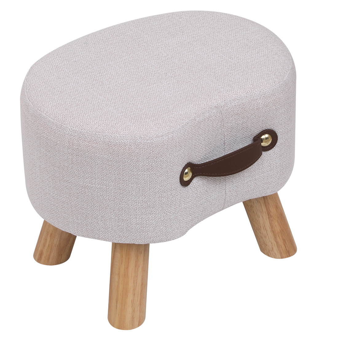 Linen Footstool with Wood Legs Padded Seat Round, Beige — 40D x 30W x 30H cm - Image 3