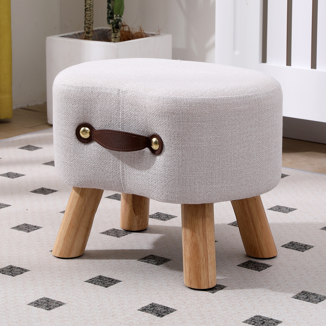 Linen Footstool with Wood Legs Padded Seat Round, Beige — 40D x 30W x 30H cm - Image 4
