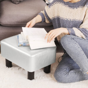 Rectangular Faux Leather Footstool with Wood Legs Padded Seat, Grey White