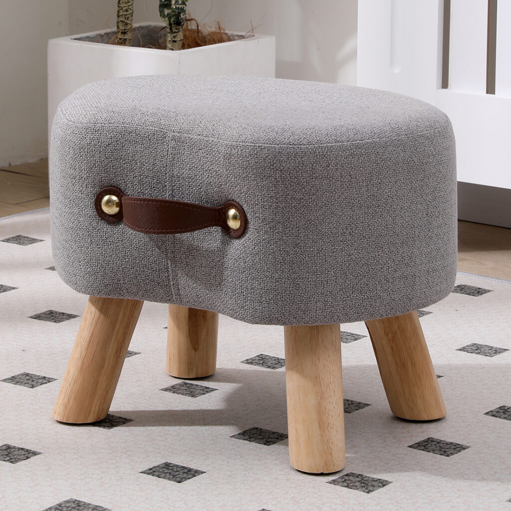 Linen Footstool with Wood Legs Padded Seat, Darkgrey