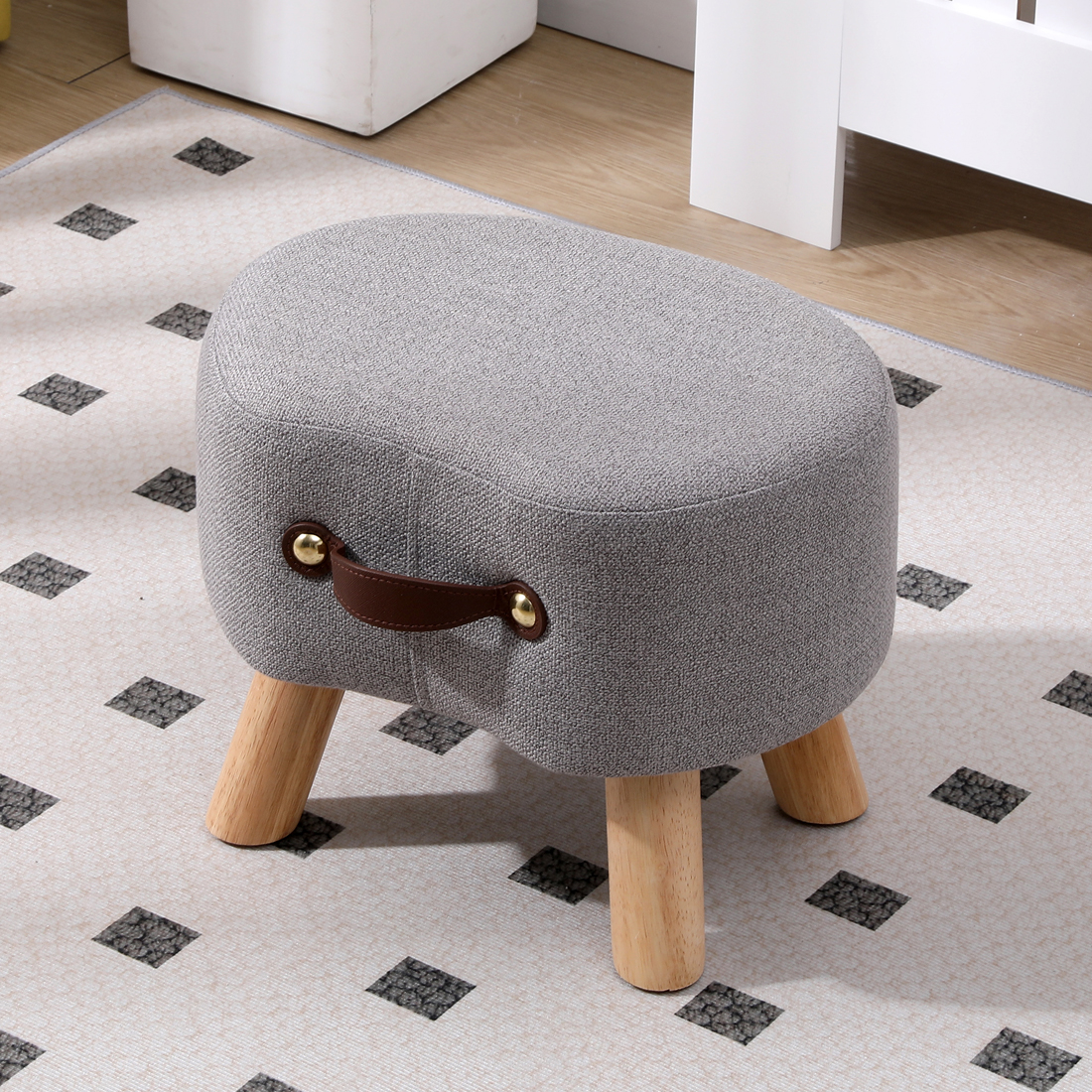 Linen Footstool with Wood Legs Padded Seat, Darkgrey - Image 2