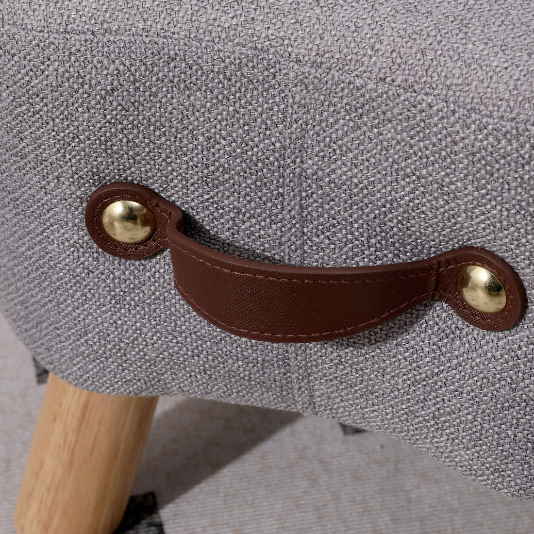 Linen Footstool with Wood Legs Padded Seat, Darkgrey - Image 3