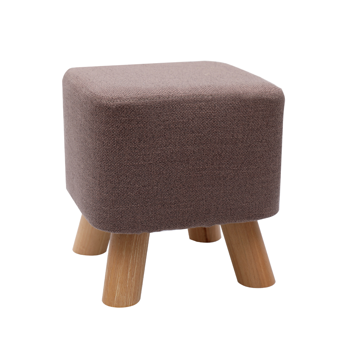 Linen Footstool with Wood Legs Padded Seat Square, Brown
