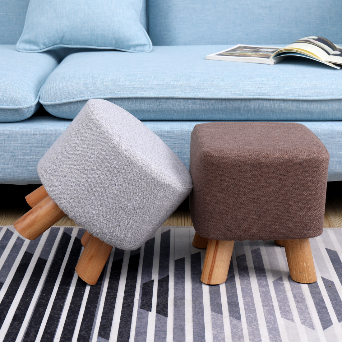Linen Footstool with Wood Legs Padded Seat Square, Brown - Image 2