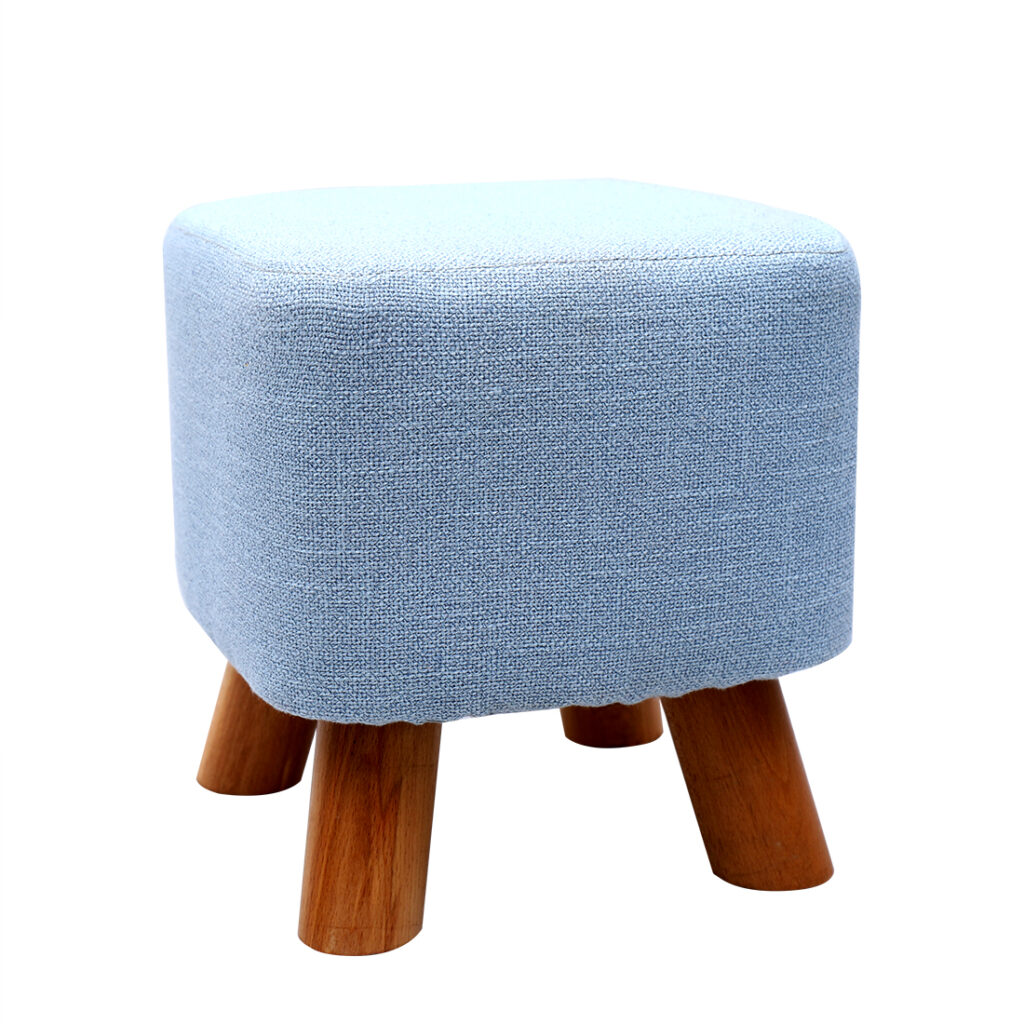 Linen Footstool with Wood Legs Padded Seat Square, Blue