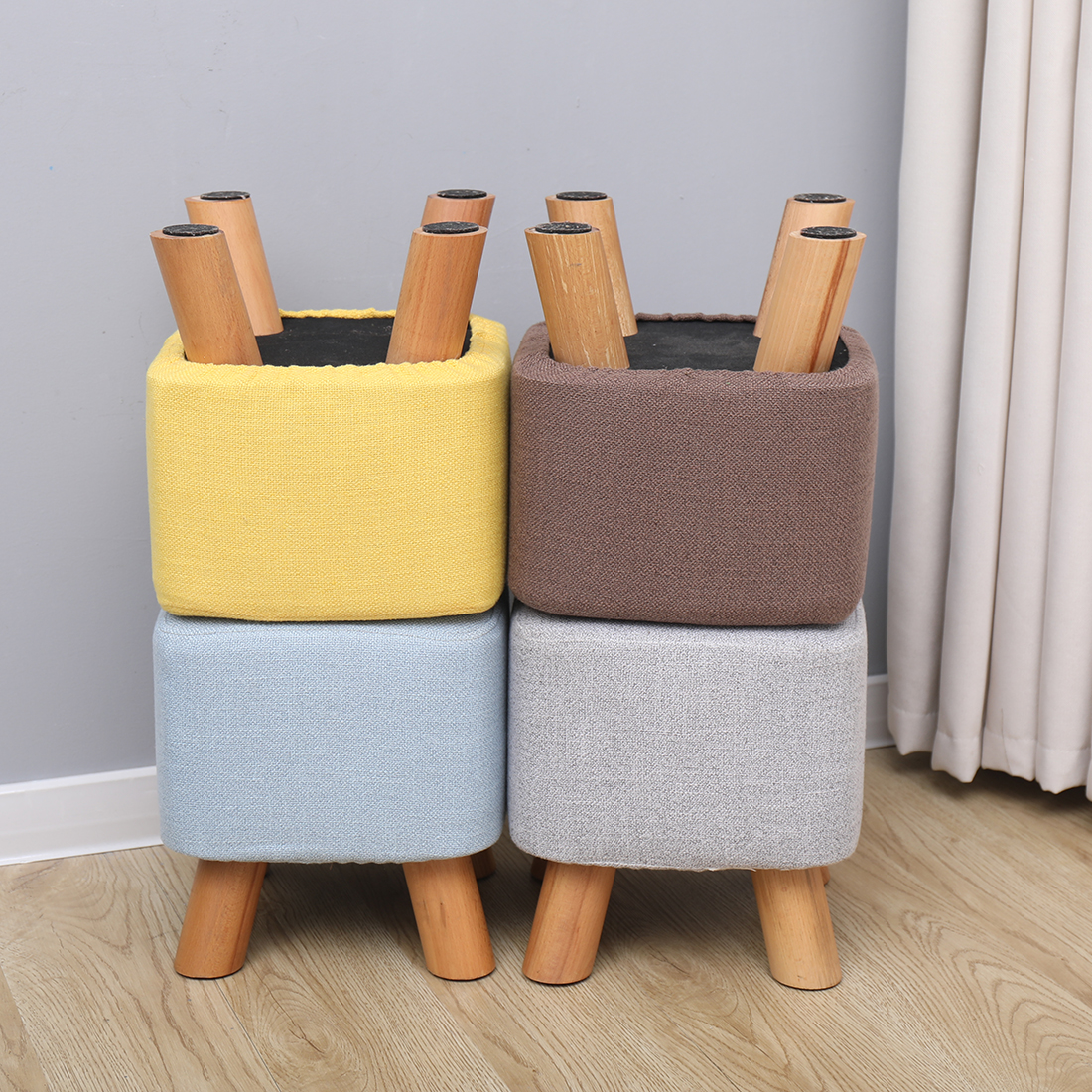 Linen Footstool with Wood Legs Padded Seat Square, Blue - Image 2