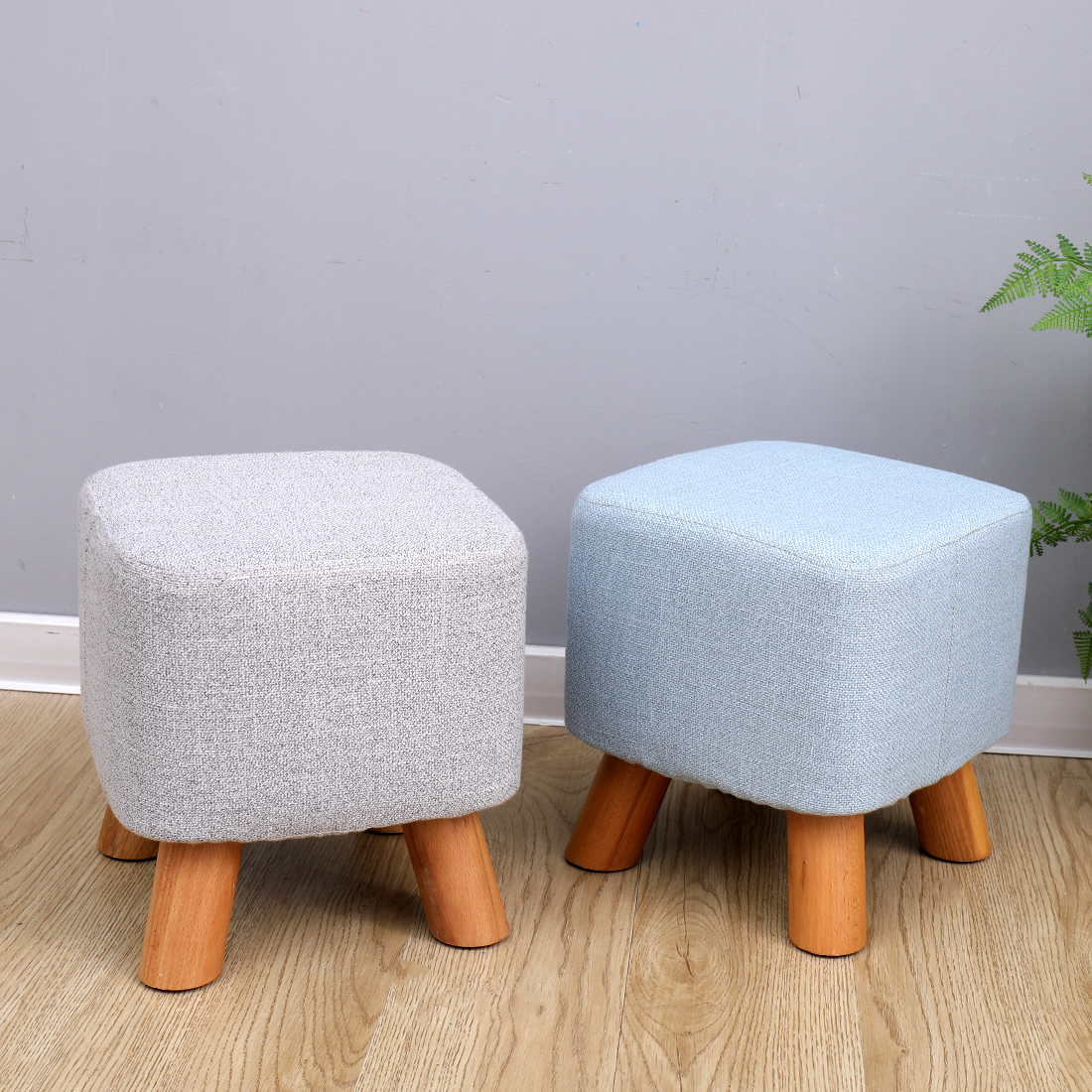 Linen Footstool with Wood Legs Padded Seat Square, Blue - Image 3