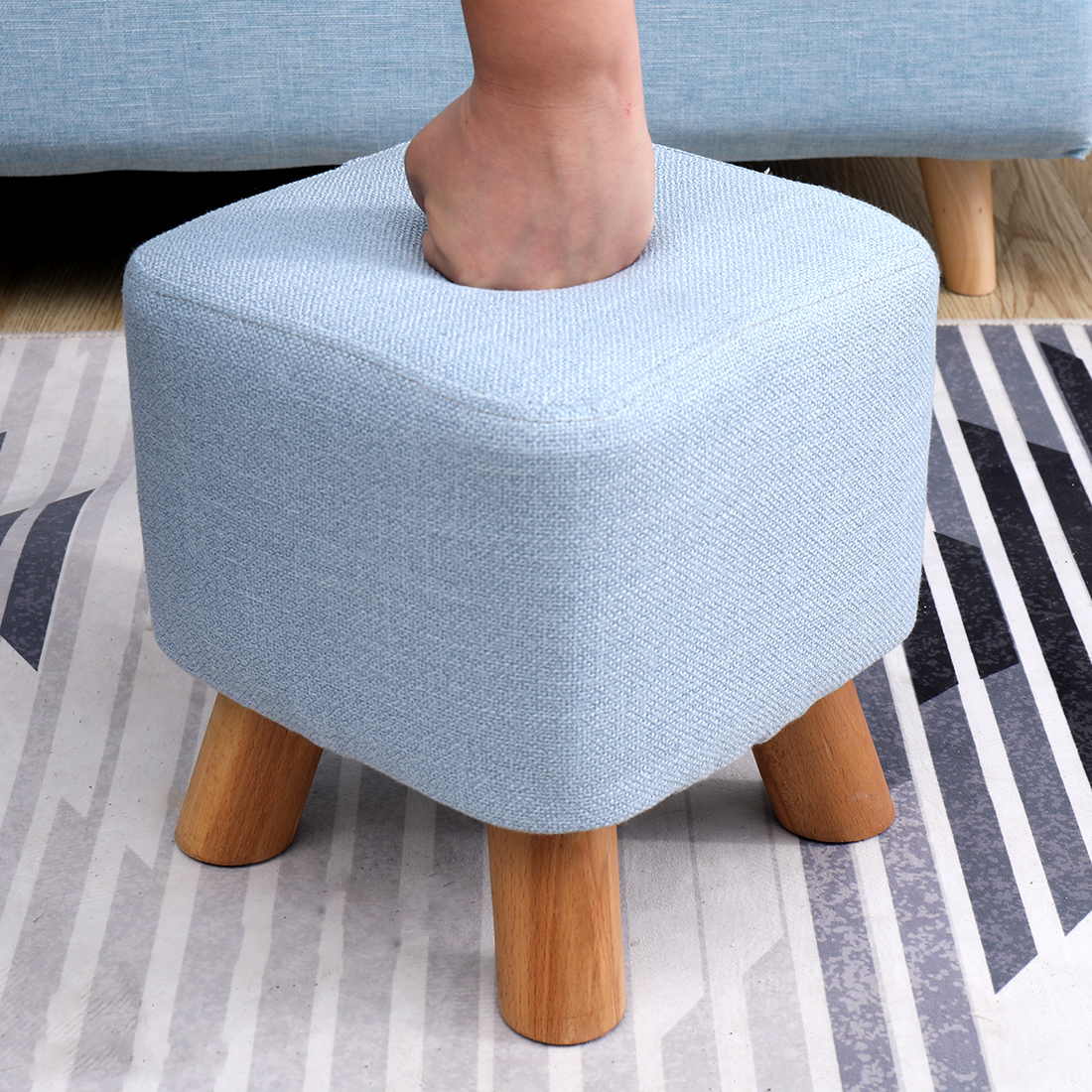 Linen Footstool with Wood Legs Padded Seat Square, Blue - Image 4