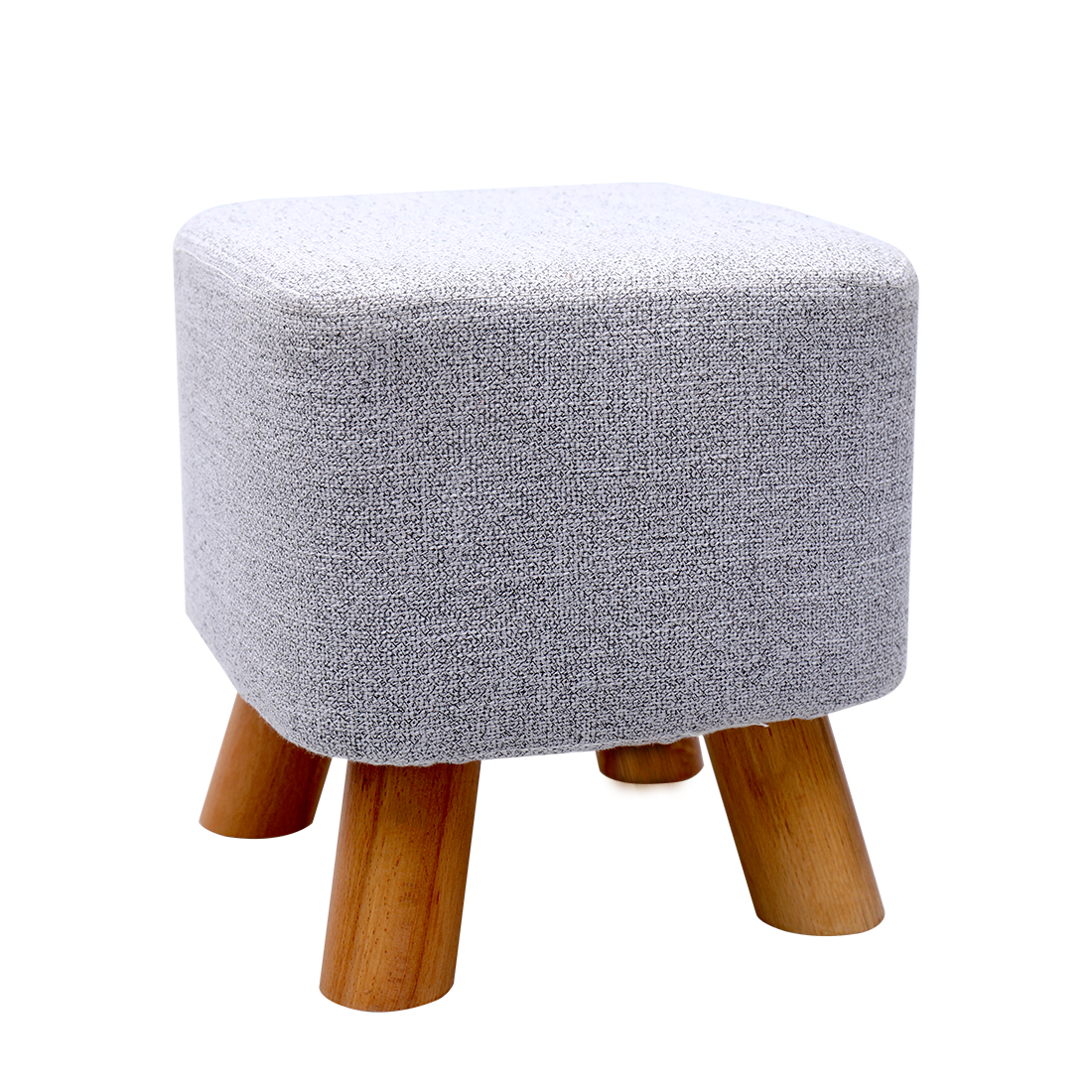 Linen Footstool with Wood Legs Padded Seat Square, Grey