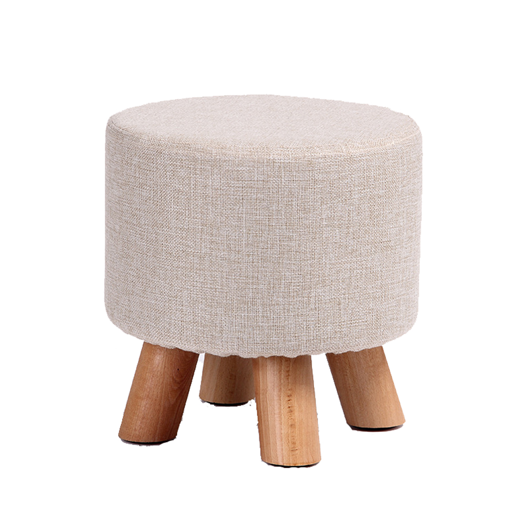 Linen Footstool with Wood Legs Padded Seat Round, Beige — 29D x 29W x 29H cm