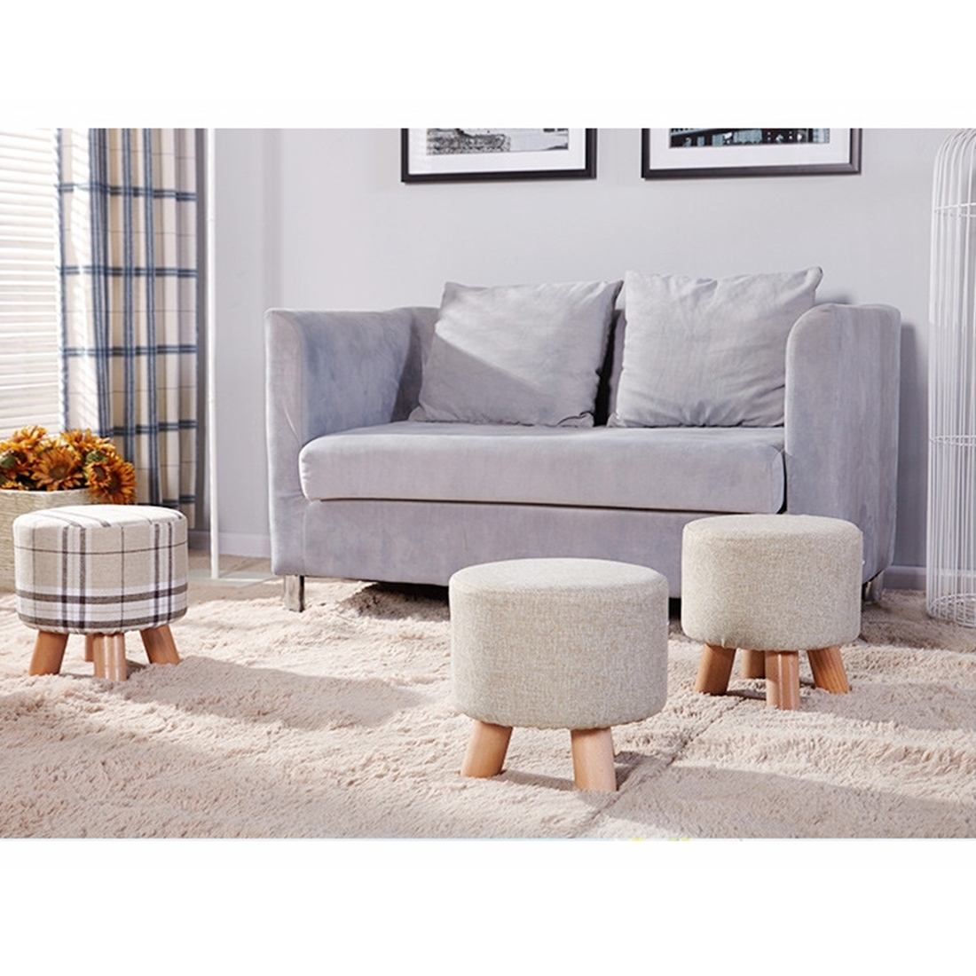Linen Footstool with Wood Legs Padded Seat Round, Beige — 29D x 29W x 29H cm - Image 2