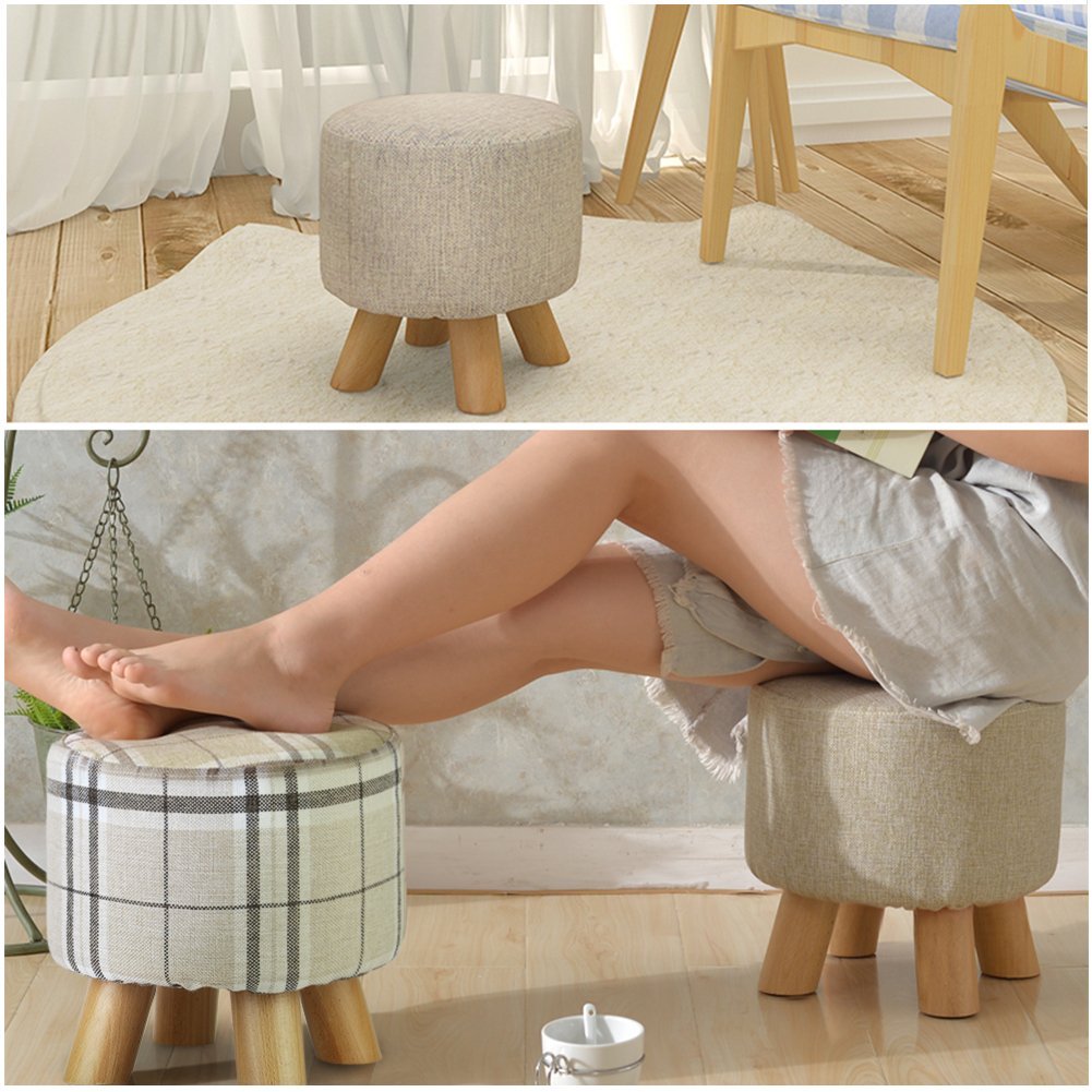 Linen Footstool with Wood Legs Padded Seat Round, Beige — 29D x 29W x 29H cm - Image 3