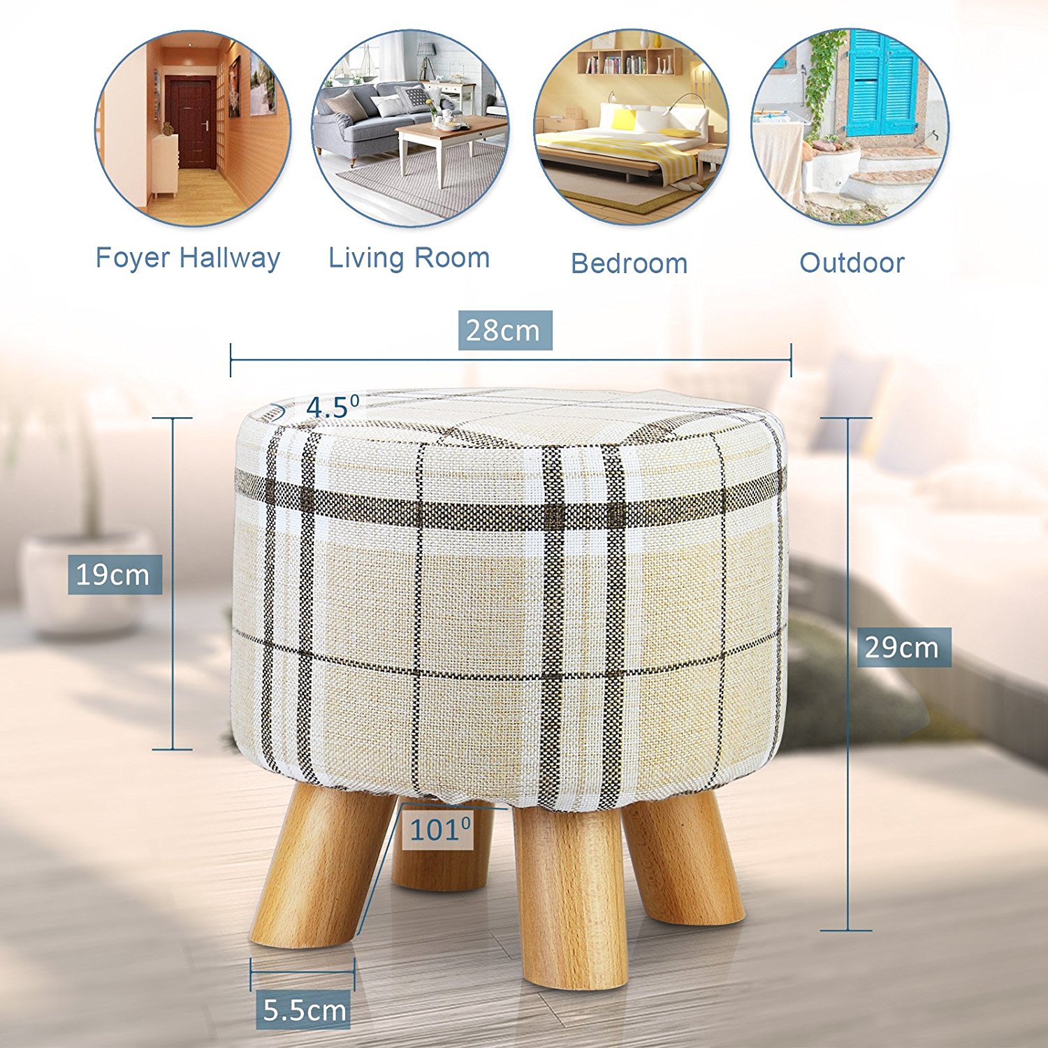 Linen Footstool with Wood Legs Padded Seat Round, Beige — 29D x 29W x 29H cm - Image 4