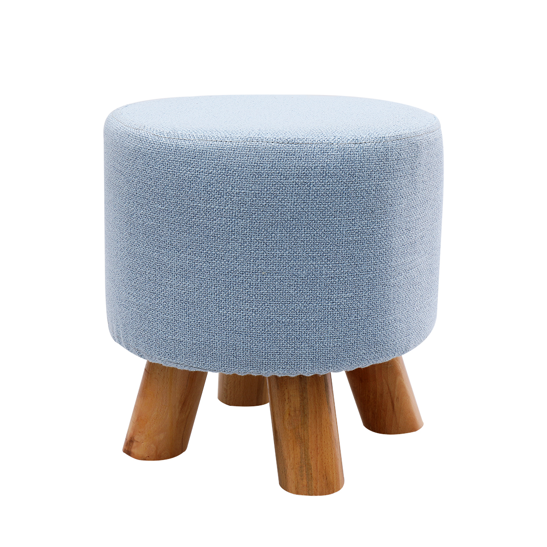 Linen Footstool with Wood Legs Padded Seat Round, Blue