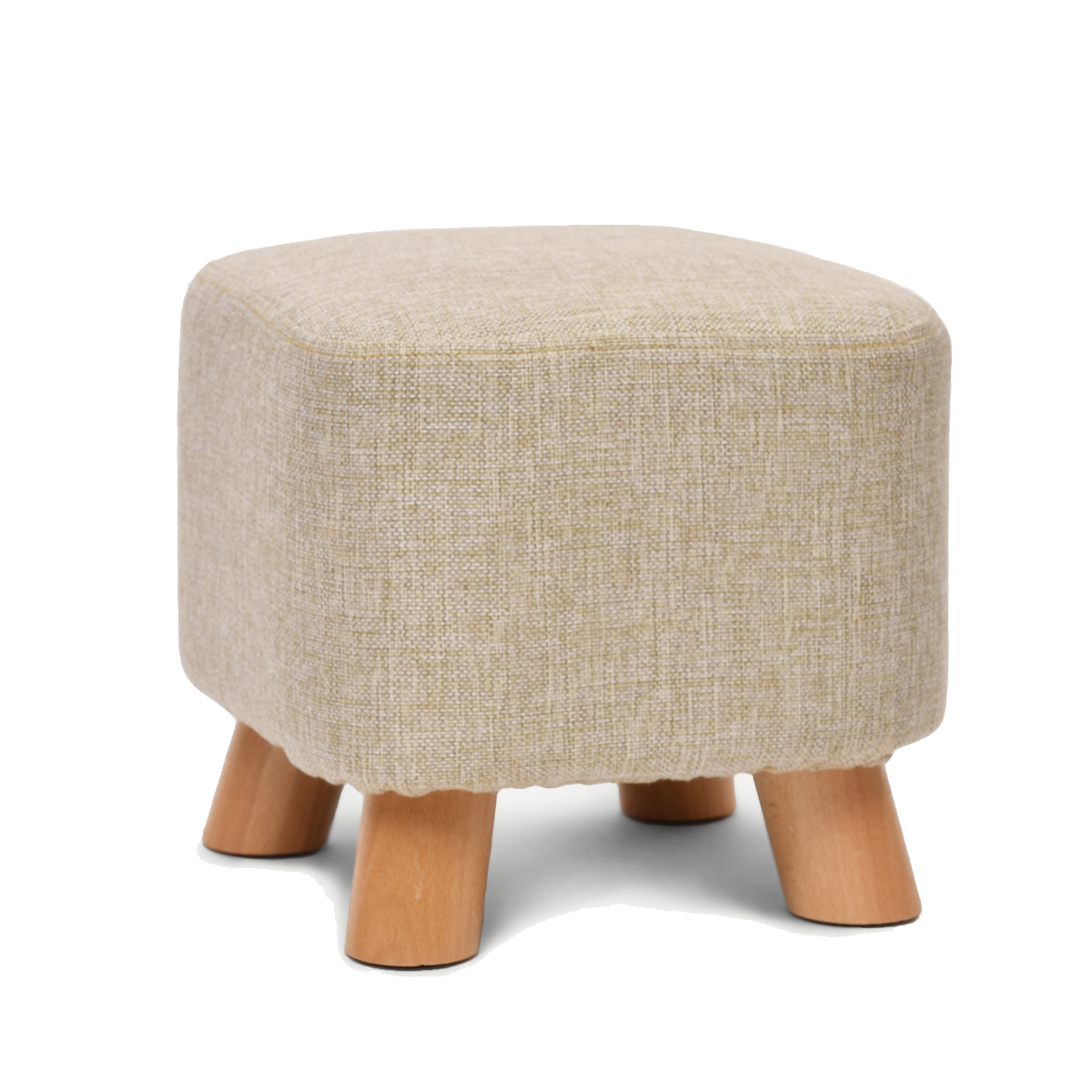 Linen Footstool with Wood Legs Padded Seat Round, Blue - Image 2