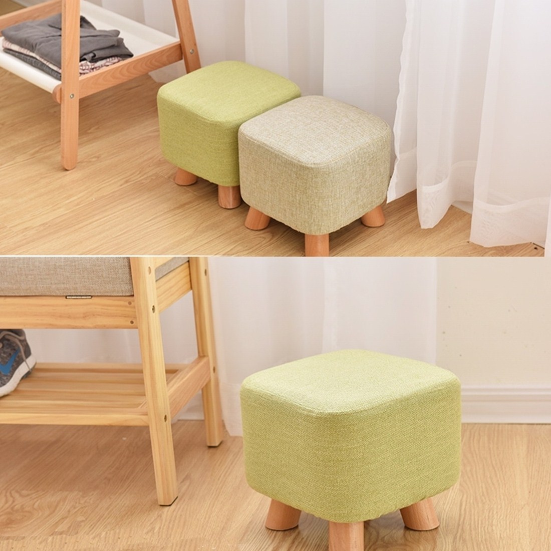Linen Footstool with Wood Legs Padded Seat Round, Blue - Image 3