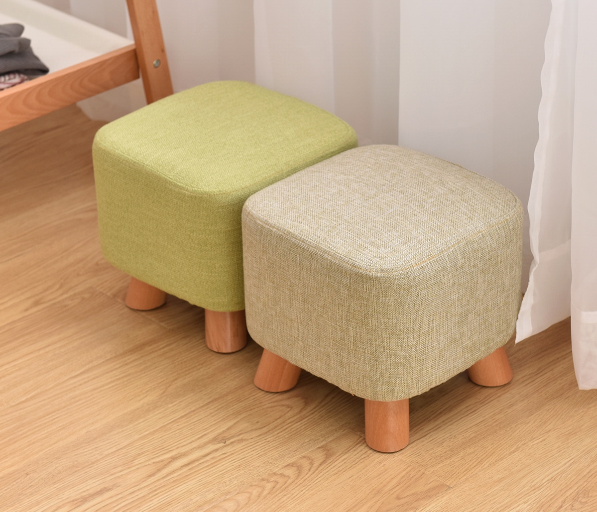 Linen Footstool with Wood Legs Padded Seat Round, Blue - Image 4