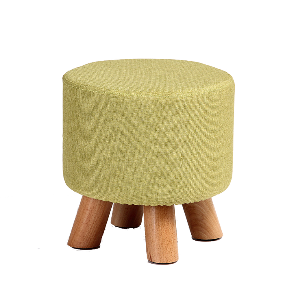 Linen Footstool with Wood Legs Padded Seat Round, Green