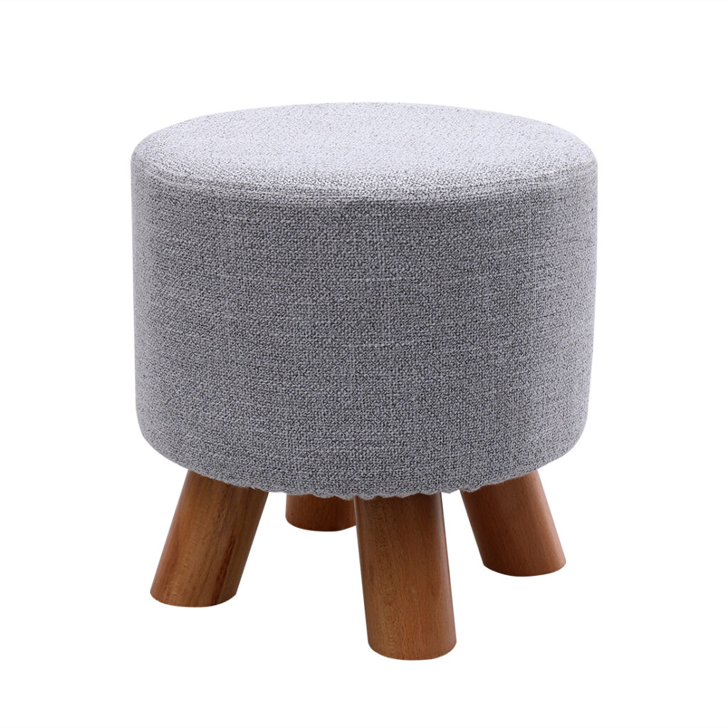 Linen Footstool with Wood Legs Padded Seat Round, Grey — 29D x 29W x 29H cm