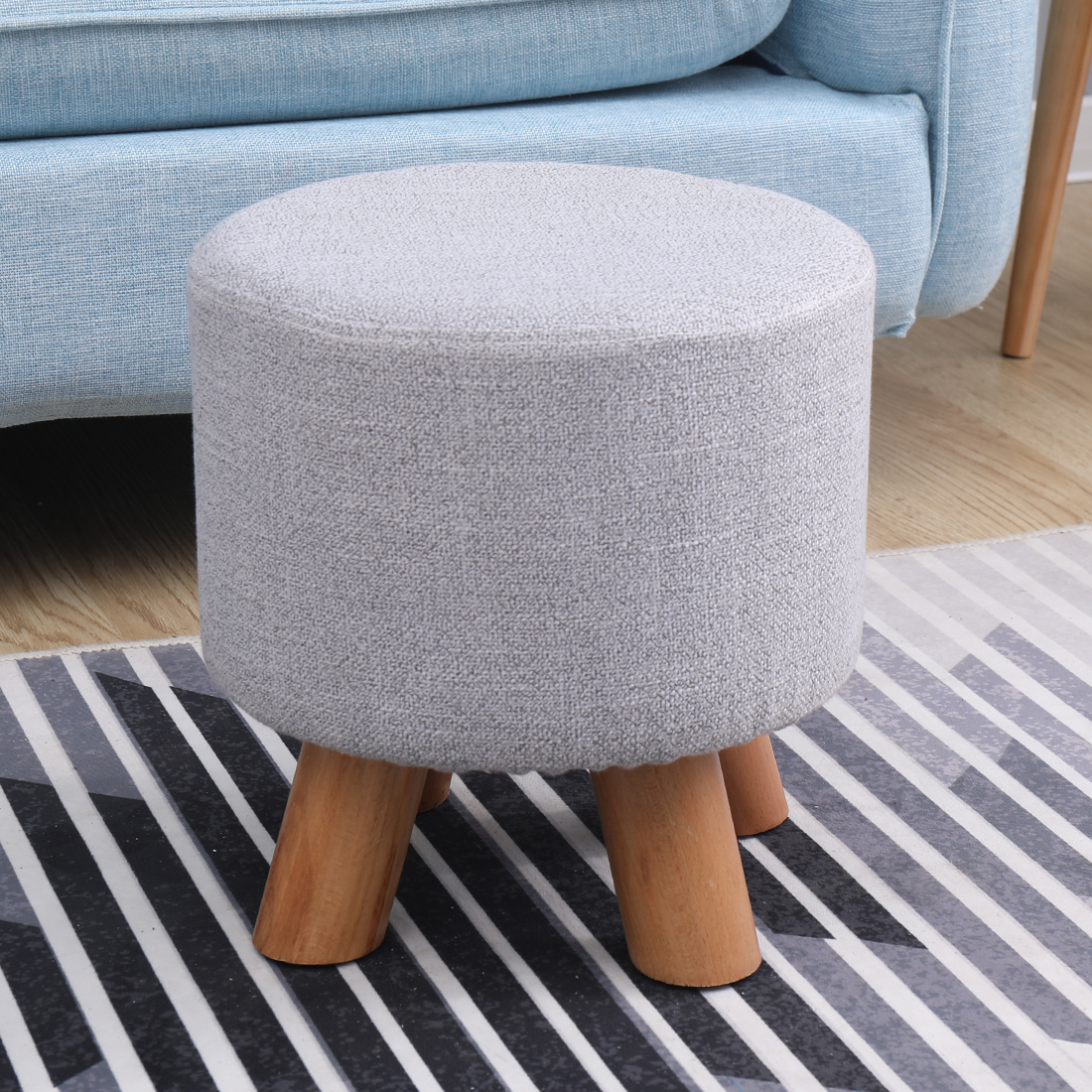 Linen Footstool with Wood Legs Padded Seat Round, Grey — 29D x 29W x 29H cm - Image 2