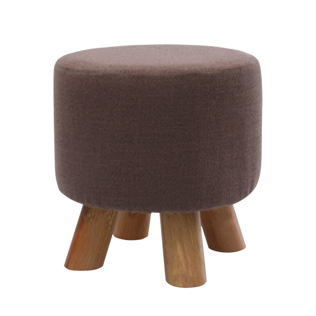 Linen Footstool with Wood Legs Padded Seat Round, Brown