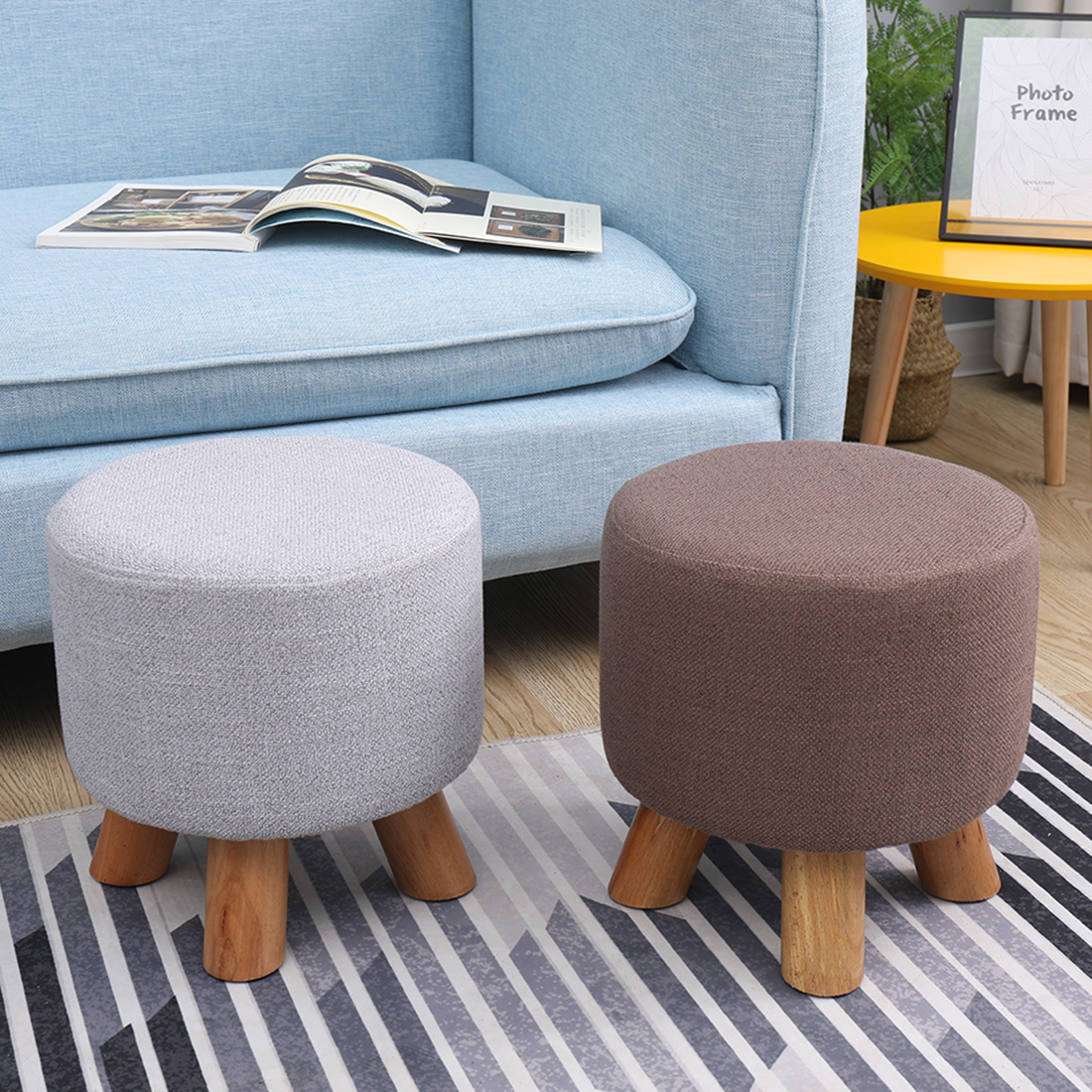 Linen Footstool with Wood Legs Padded Seat Round, Brown - Image 2