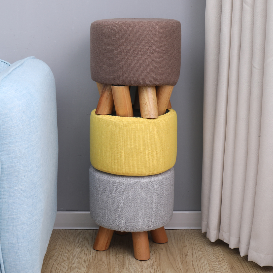 Linen Footstool with Wood Legs Padded Seat Round, Brown - Image 3