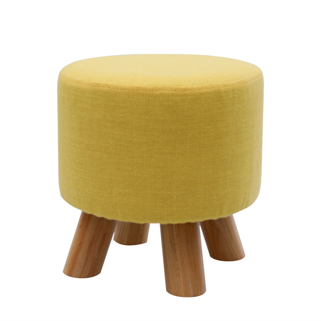 Linen Footstool with Wood Legs Padded Seat Round, Yellow