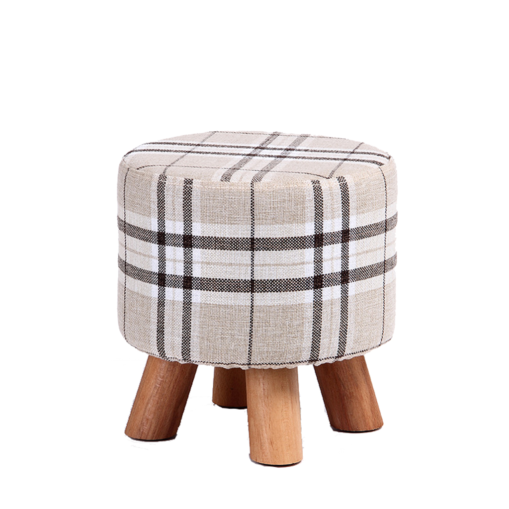 Linen Footstool with Wood Legs Padded Seat Round, Tartan