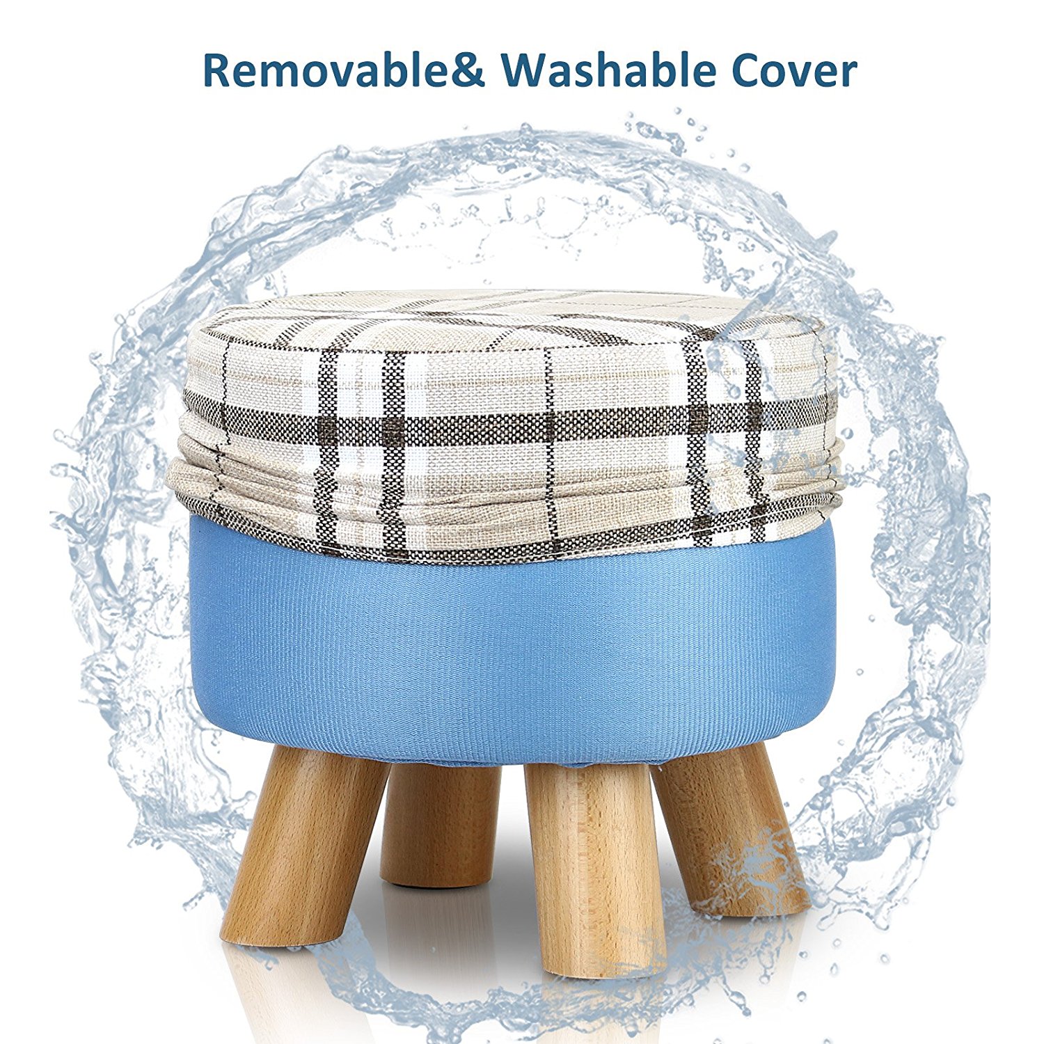 Linen Footstool with Wood Legs Padded Seat Round, Tartan - Image 3
