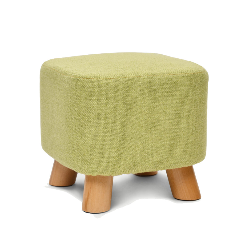 Linen Footstool with Wood Legs Padded Seat Square, Green