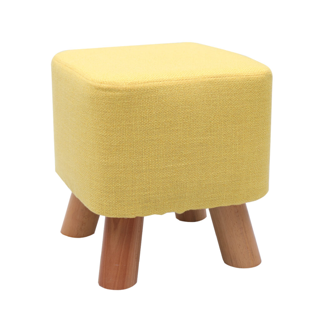 Linen Footstool with Wood Legs Padded Seat Square, Yellow