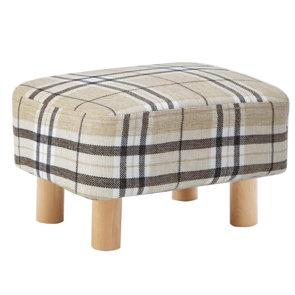 Rectangular Linen Footstool with Wood Legs Padded Seat, Tartan