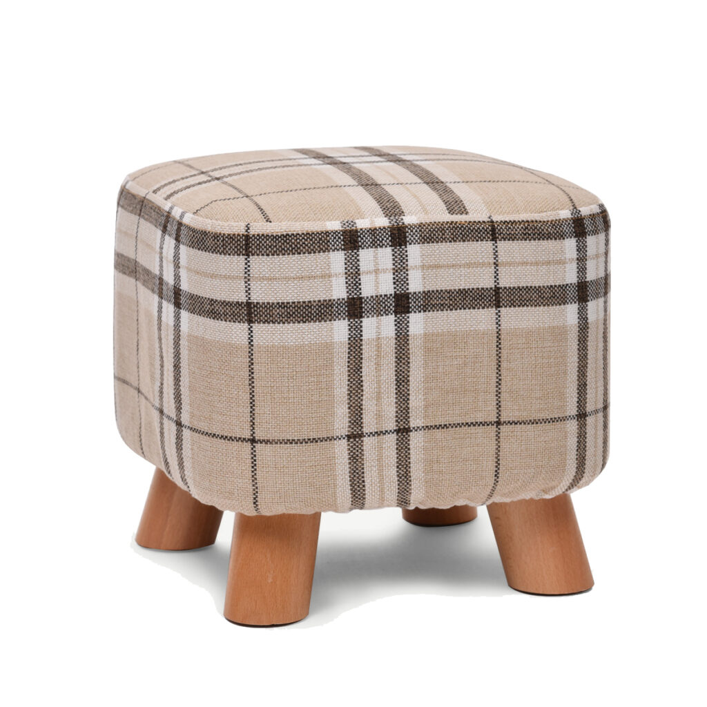 Linen Footstool with Wood Legs Padded Seat Square, Tartan