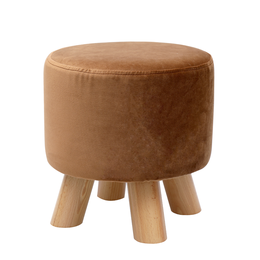 Velvet Footstool with Wood Legs Padded Seat Round, Brown