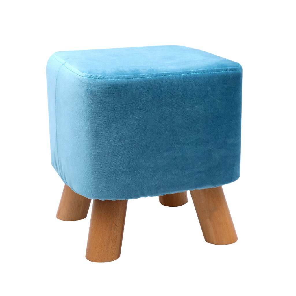 Velvet Footstool with Wood Legs Padded Seat Square, Blue