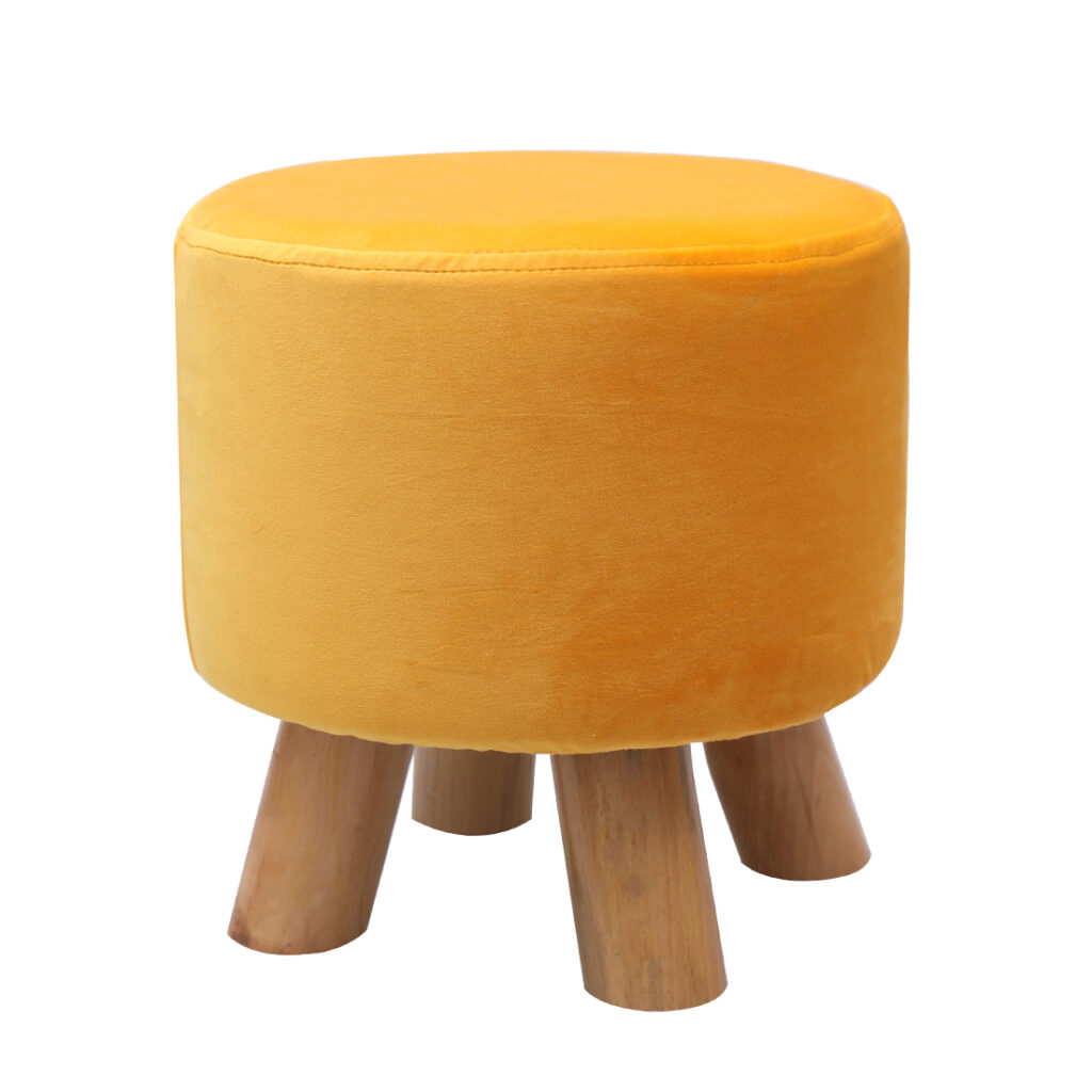 Velvet Footstool with Wood Legs Padded Seat Round, Yellow
