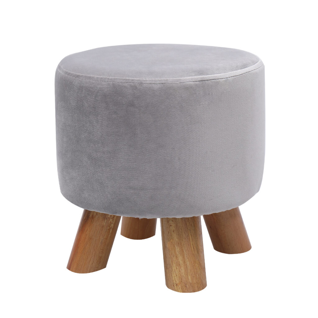 Velvet Footstool with Wood Legs Padded Seat Round, Grey