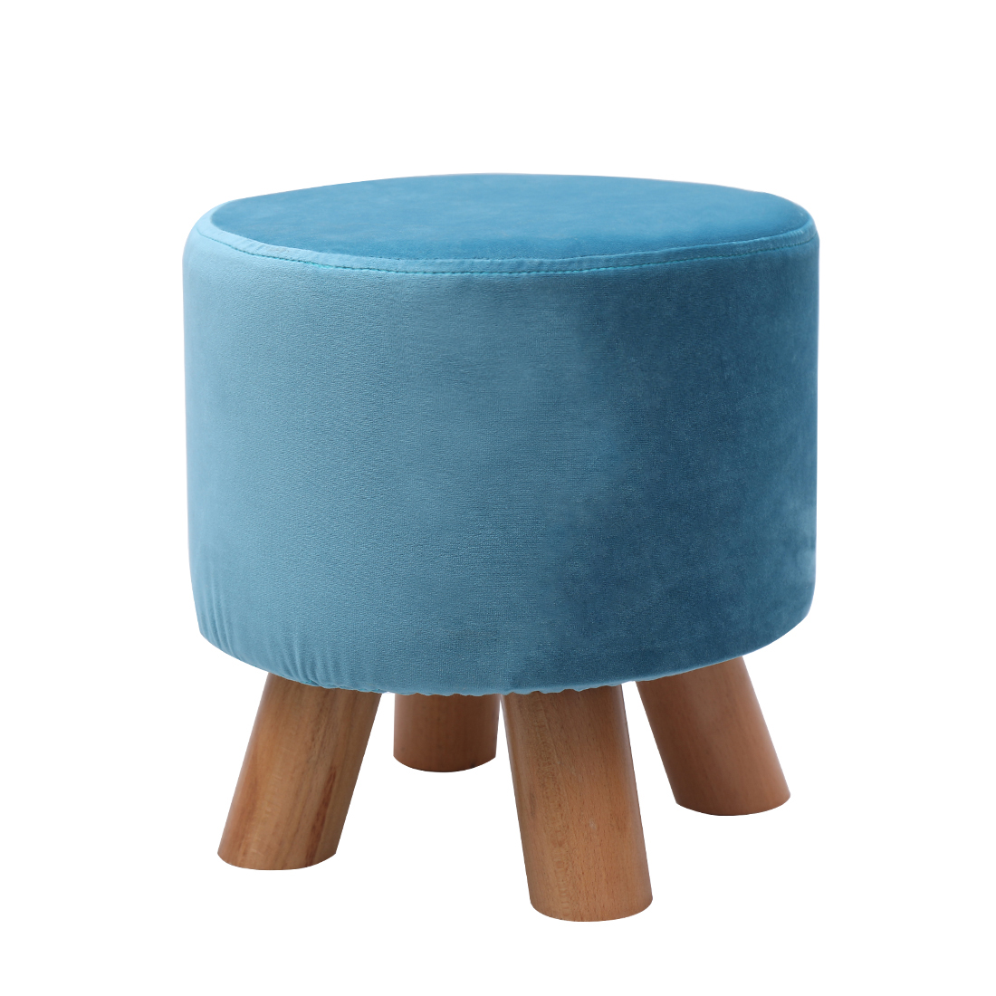 Velvet Footstool with Wood Legs Padded Seat Round, Blue