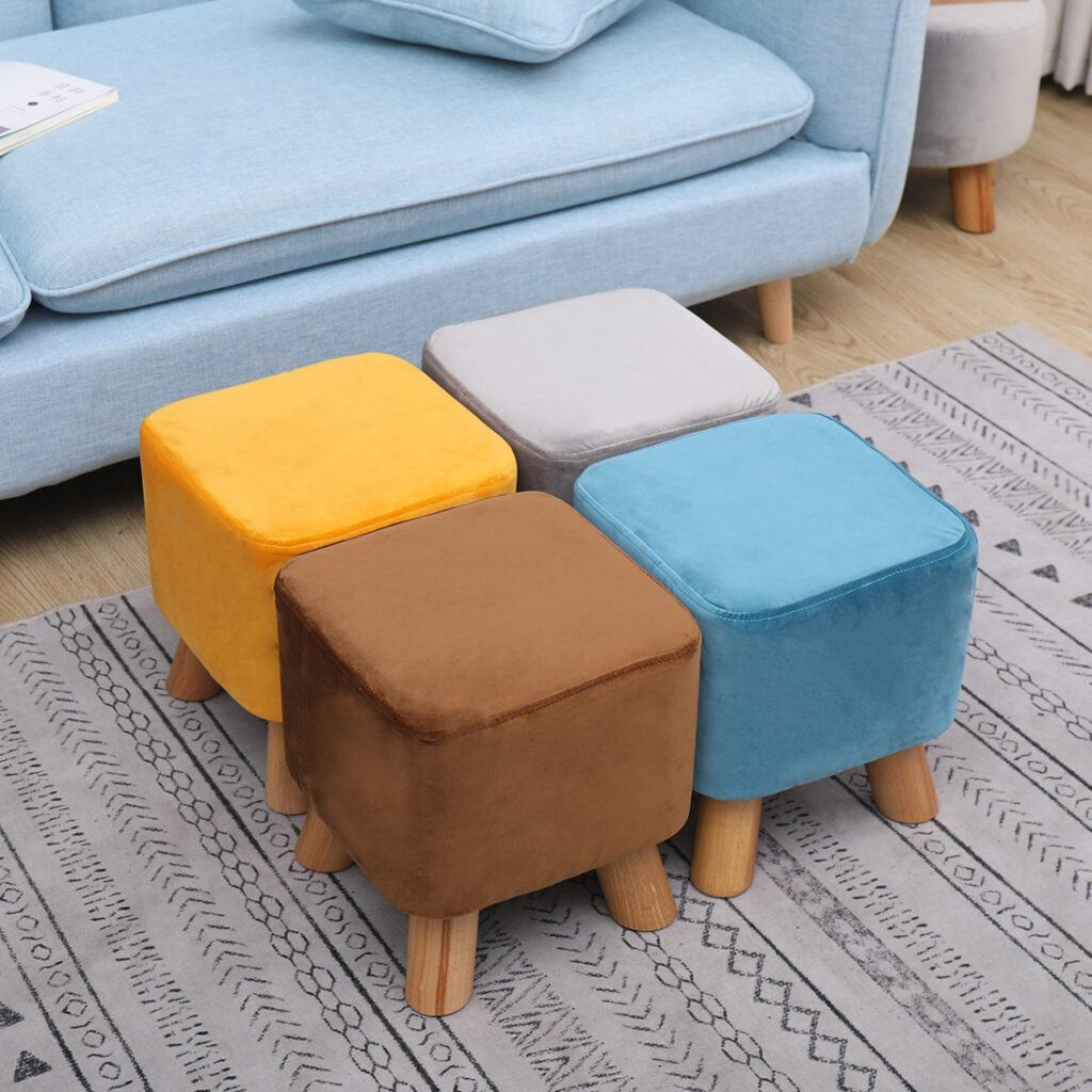 Velvet Footstool with Wood Legs Padded Seat Square, Yellow