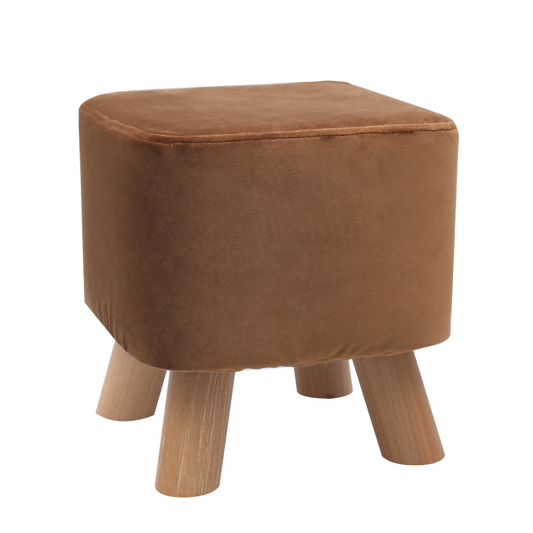 Velvet Footstool with Wood Legs Padded Seat Square, Brown - Image 2