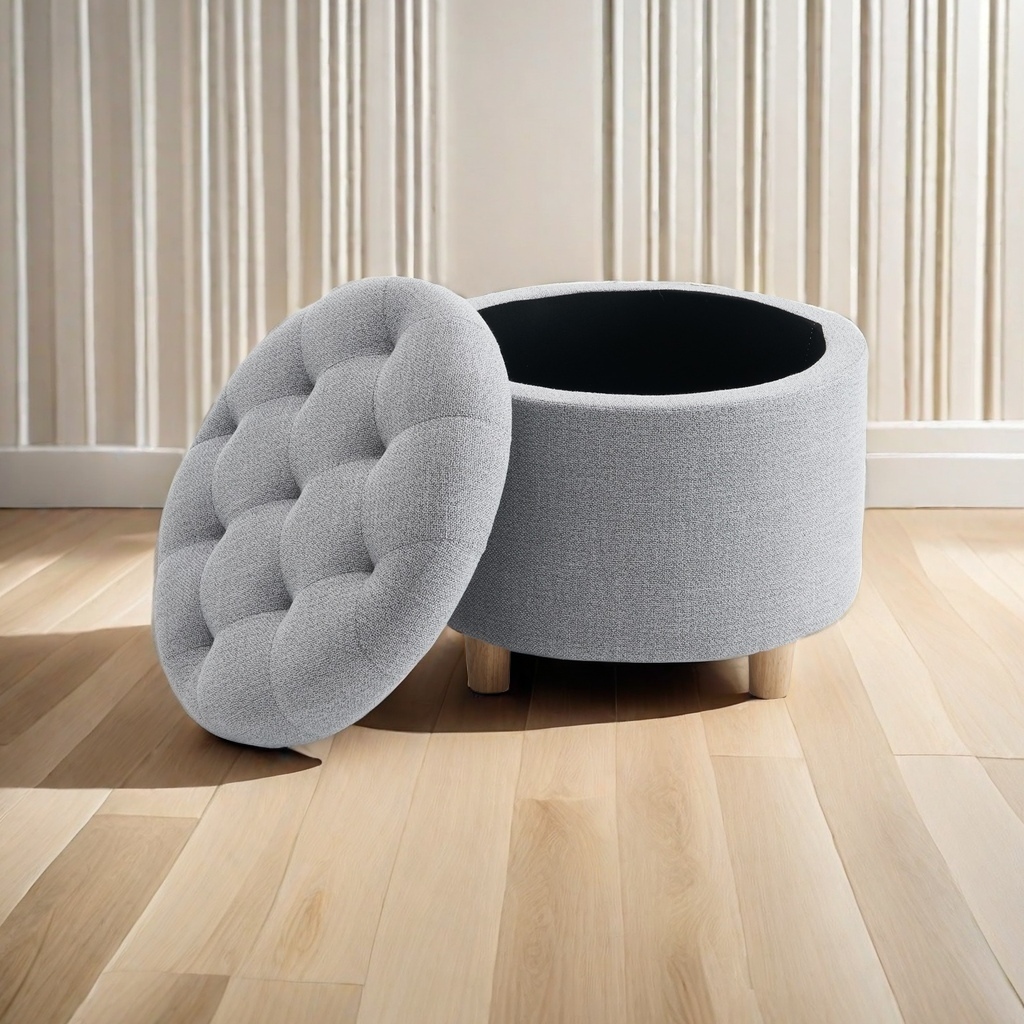 Round Linen Storage Ottoman, Light Grey - Image 2