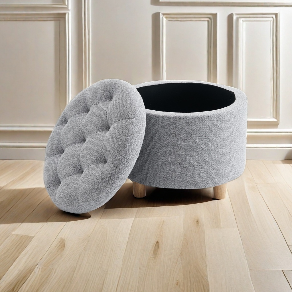 Round Linen Storage Ottoman, Light Grey - Image 4