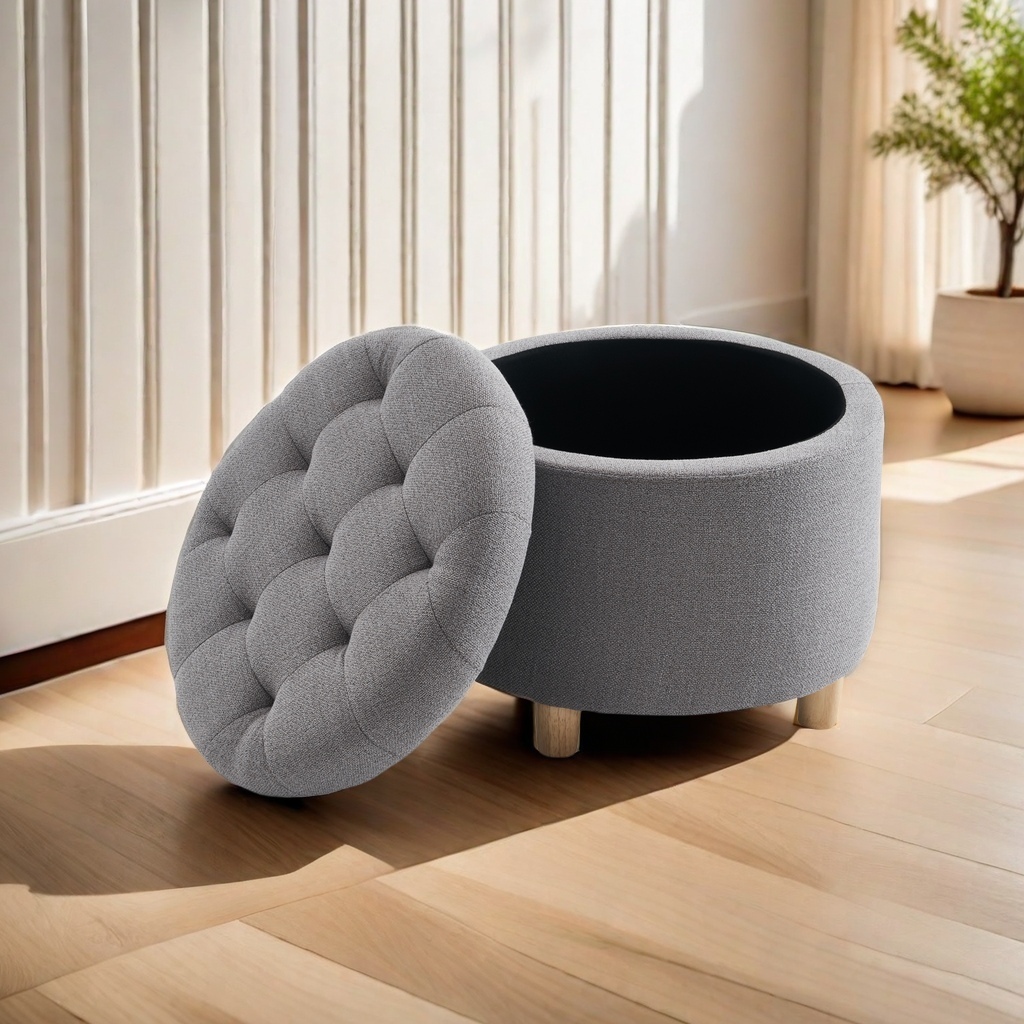 Round Linen Storage Ottoman, Dark Grey - Image 2