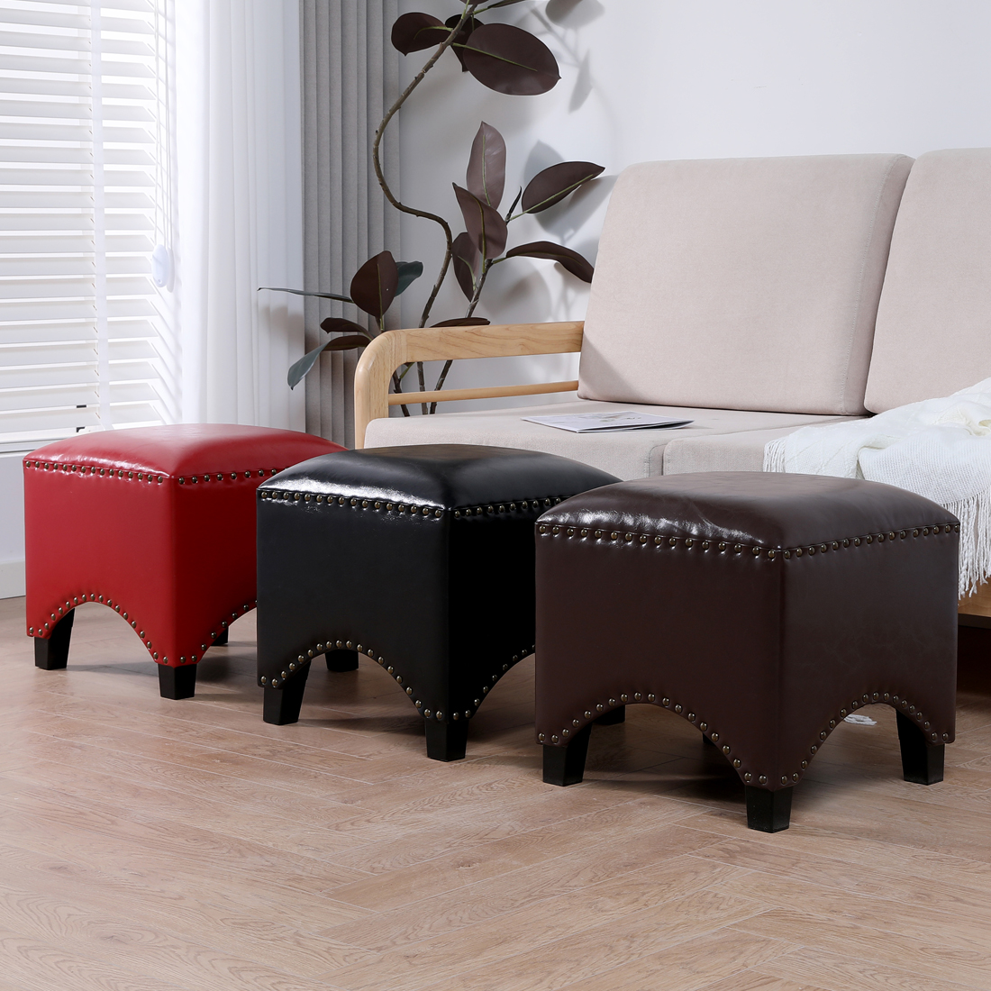 Faux Leather Footstool Padded Seat, Black - Image 2