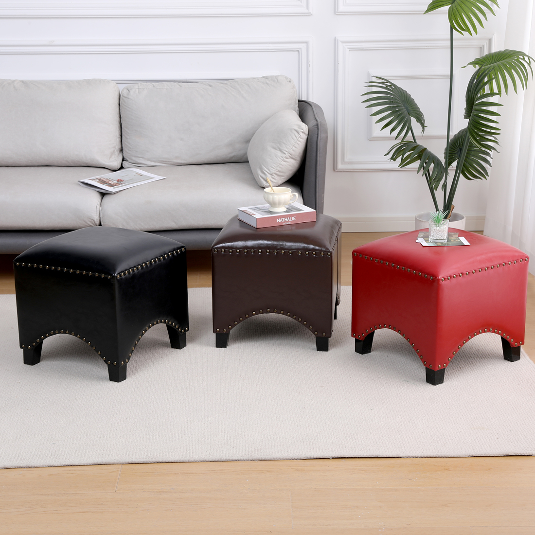 Faux Leather Footstool Padded Seat, Black - Image 3