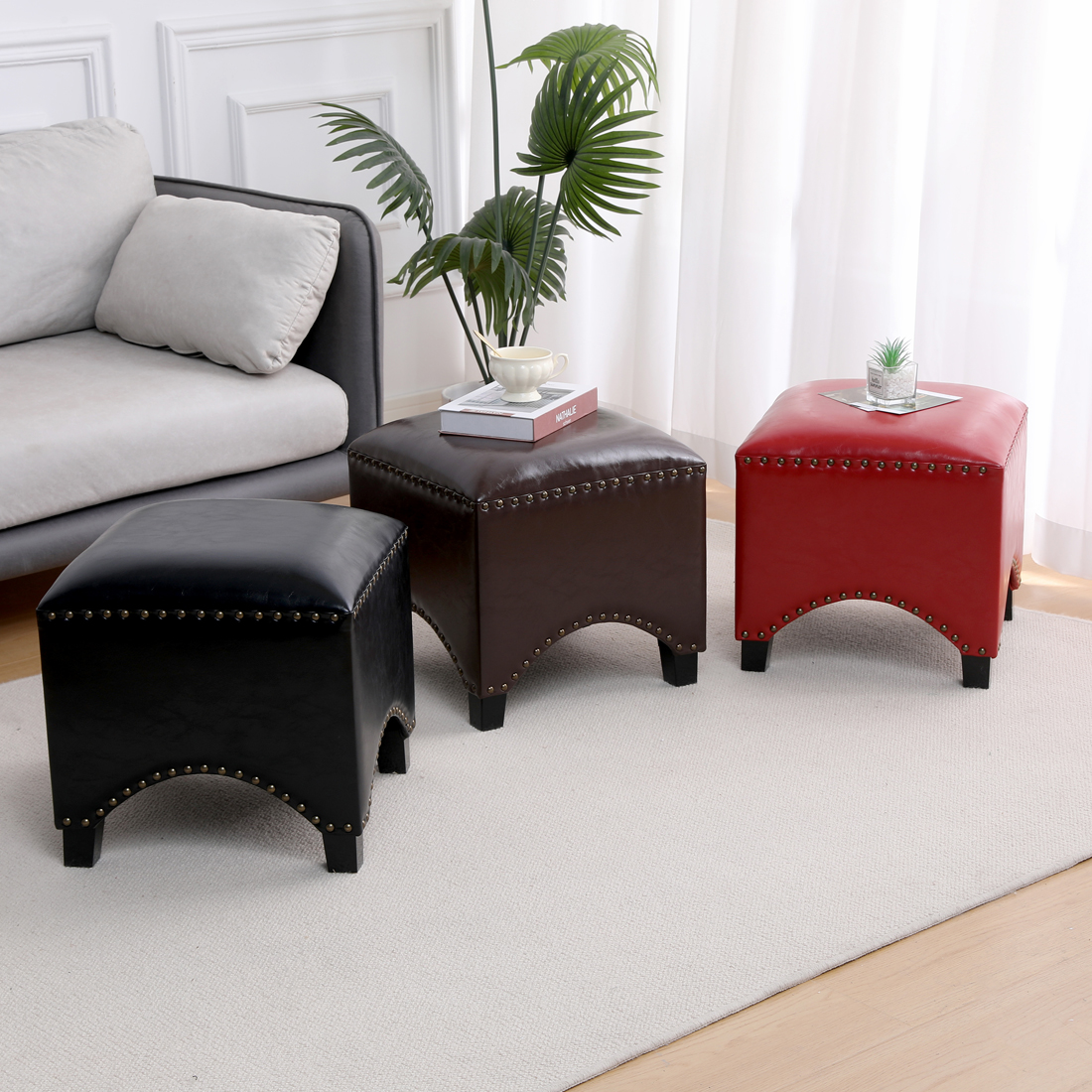 Faux Leather Footstool Padded Seat, Black - Image 4